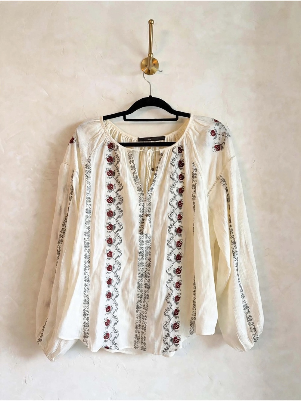 Hazel Embroidered Peasant Blouse Ivory Burgundy Boho L